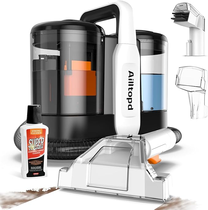 Upholstery Cleaner Machine, Portable Carpet & 15Kpa Upholstery Spot Cleaner Machine, Deep Stain Cleaning for Carpet, Pets, Stairs, Car Seat, Couch, with Dual Size BrushHead and Cleaning Solutions