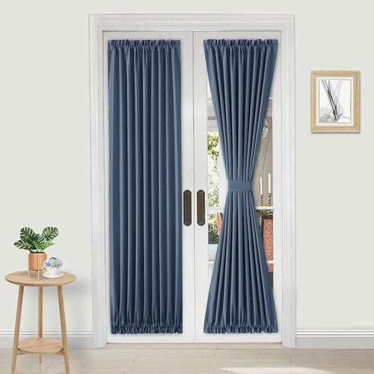 DWCN French Door Curtains – Rod Pocket Thermal Blackout Curtain for Doors with Glass Window, Kitchen and Patio Doors for Privacy, 36 X 72 Inches Long, 1 Curtain Panel with Tieback,Dusty Blue