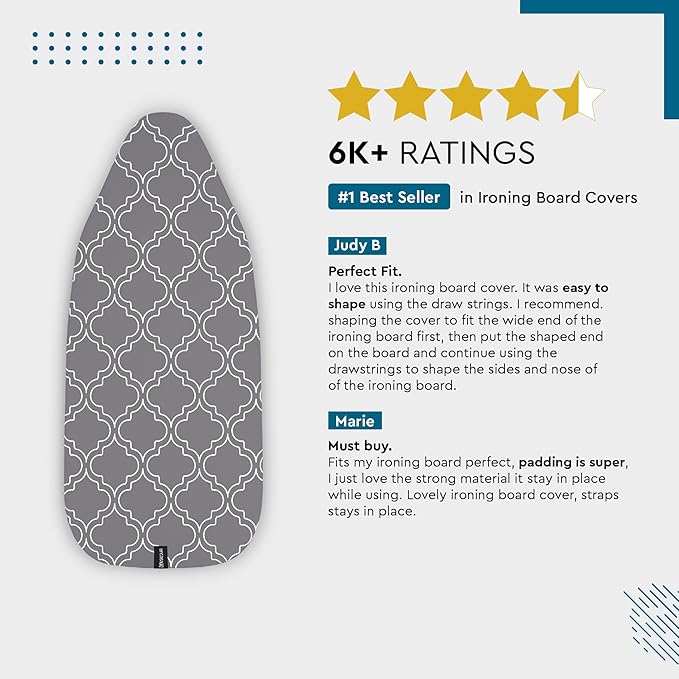 Encasa XO Ironing Board Cover and Pad 42"x14" - Thick 3mm Felt Padding, Drawstring Tightening & Lock, Easy Fit, Scorch & Stain Resistant, Fits Medium Ironing Board - Mauve Tiles