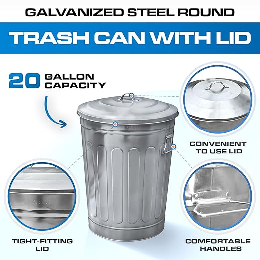 Plexon Round Trash Can 13 Gallon, Vintage Metal Outdoor Trash Can with Lid, Retro Farmhouse Garbage Container, Old School Modern Ash Bucket, Galvanized Steel 6 Pack