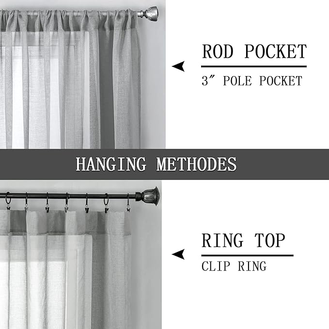 Tollpiz Sheer Curtain Linen Textured Bedroom Curtains Sheer Light Filtering Rod Pocket Voile Curtain for Living Room, 54 x 95 inches Long, Silver Grey, Set of 2 Panels
