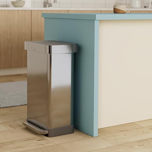 simplehuman 45 Liter / 12 Gallon Liter Rectangular Hands-Free Kitchen Step Trash Can with Soft-Close Lid, Brushed Stainless Steel with Plastic Lid