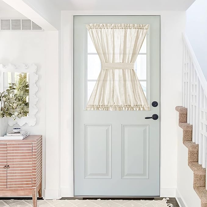 NICETOWN Linen Textured Door Panel - Semitransparent Sheer Curtain Privacy Semi Voile French Door Drape (Beige, 52 inches Wide x 40 inches Long, 1 Panel, Matching 1 Tieback Included)