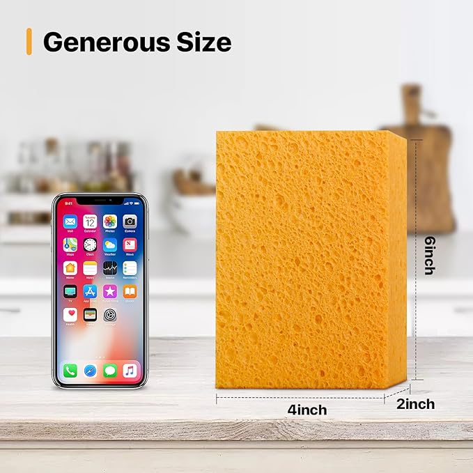 4 PCS Large Natural Cellulose Sponges 6x4x2 Inch - Super Absorbent and Biodegradable, Perfect for Home & Kitchen Cleaning, Boat Bail, Car Washing