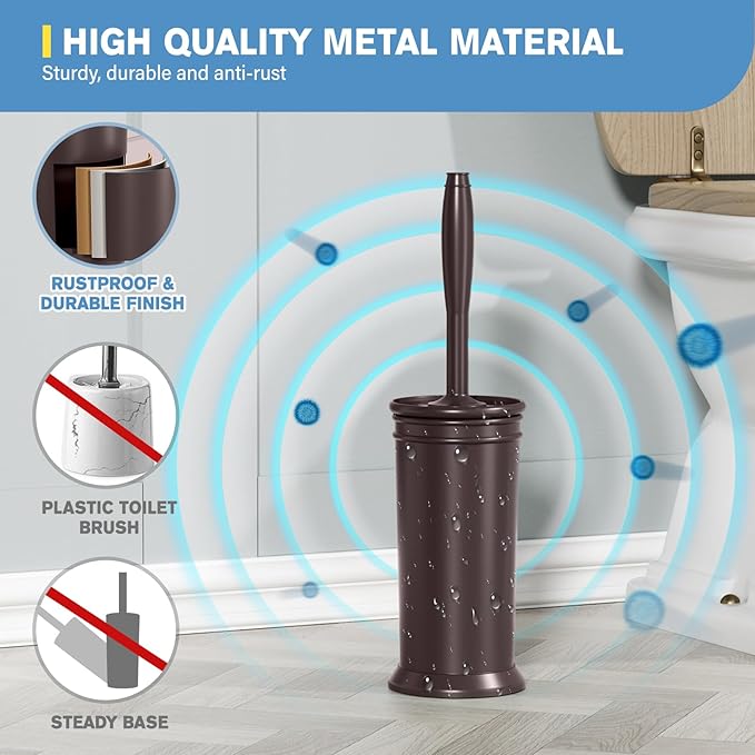 UPTRONIC Toilet Brush, Aluminum Alloy Toilet Brush and Holder Set with Extra Long Handle Durable Bristles Toilet Bowl Brush and Covered Holder for Toilet Scrubber for Bathroom Cleaning(Brown)
