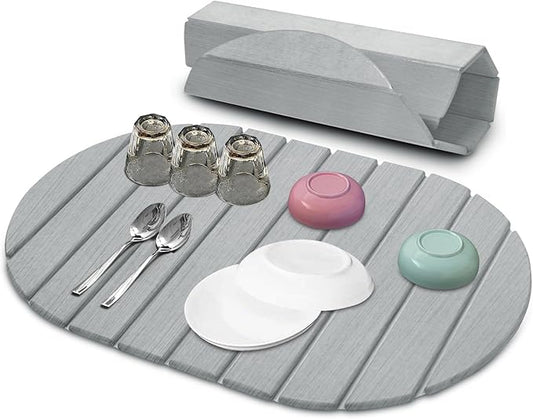 Stone Drying Mat for Kitchen Counter: 24"(L)×16"(W) Collapsible Stone Dish Drying Mat, Super Absorbent Diatomaceous Earth Pad for Dishes Bottles Cup Kitchen Bathroom Families Renters