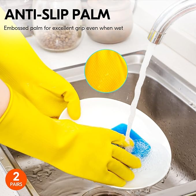 Vgo... 2-Pairs Reusable Household Gloves, Rubber Dishwashing gloves, Extra Thickness, Long Sleeves, Kitchen Cleaning, Working, Painting, Gardening, Pet Care (Size M, Yellow, HH4601)