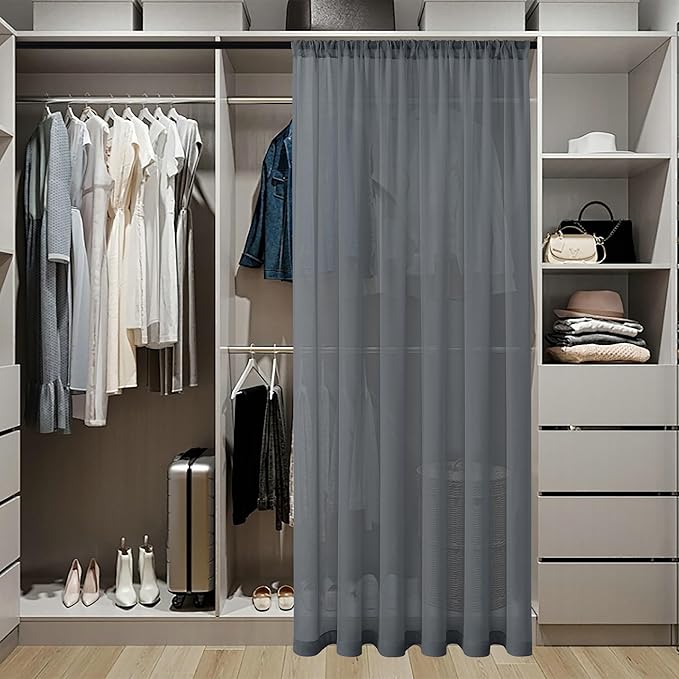 Tollpiz Short Sheer Door Curtains Closet Linen Textured Curtains Sheer Doorway Light Filtering Voile Patio Glass Door Rod Pocket Curtain French Door, 54 x 40 inches Long, Dark Grey, Set of 1 Panel