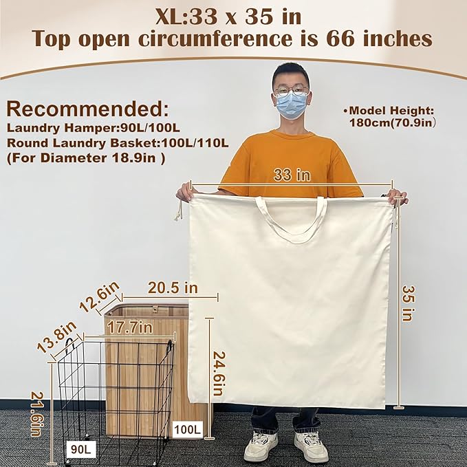 Canvas Laundry Bag 33"x 35", Thick Cotton Laundry Bag with Handles & Drawstring, Extra Large Heavy Duty Washable Basket Liner Hamper Liner Canvas Storage Sack (Beige XL, 1 Pack)