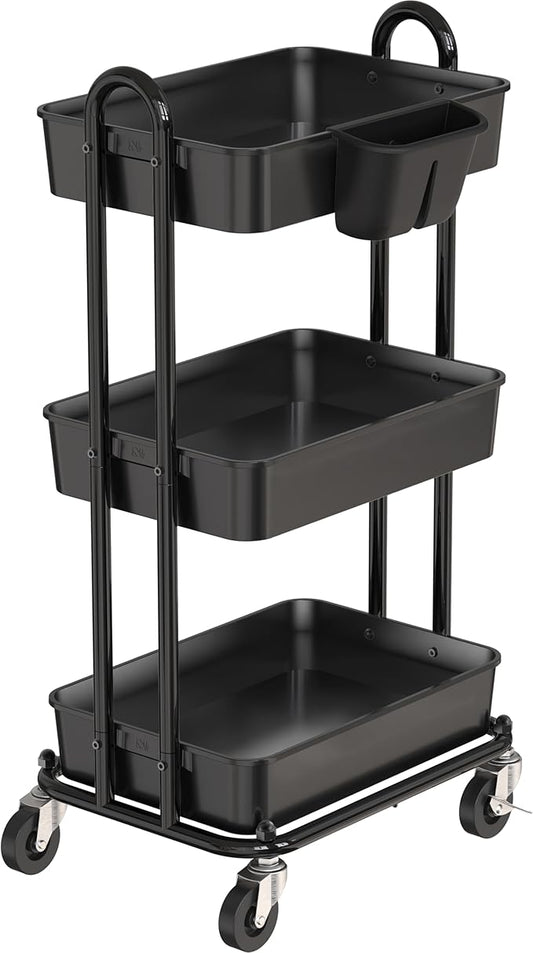 Simple Houseware 3-Tier Multifunctional Rolling Utility Cart with Hanging Bucket, Black