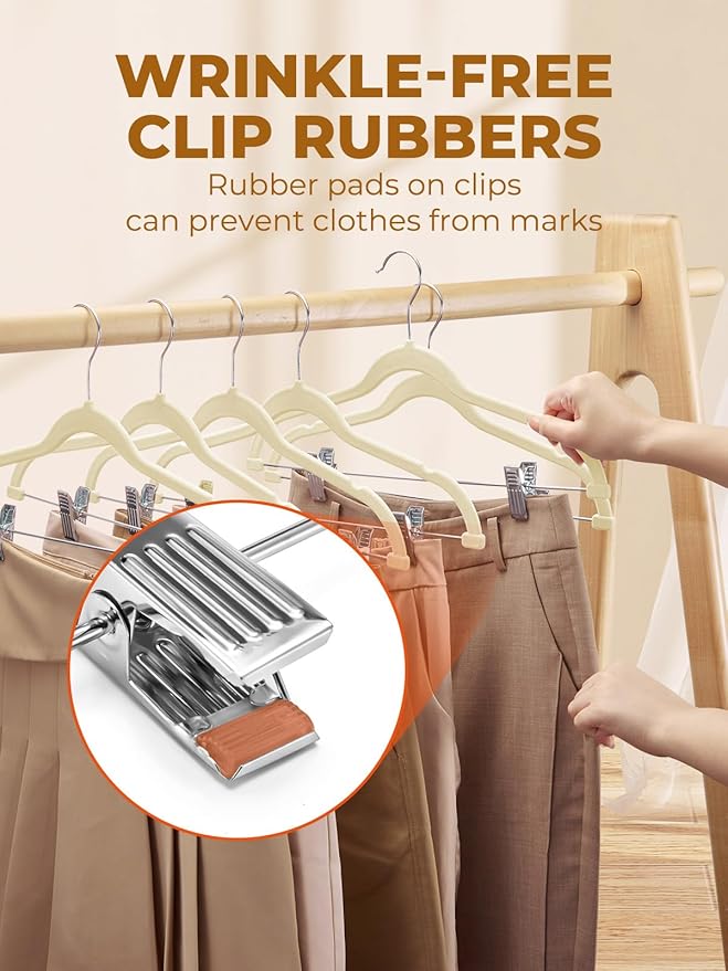 HOUSE DAY Velvet Skirt Hangers 24 Pack, Beige Velvet Pant Hangers with Adjustable Clips, Space Saving Slim Shorts Hanger, Heavy Duty Non Slip Clip Hanger for Pants, Skirts, Shorts