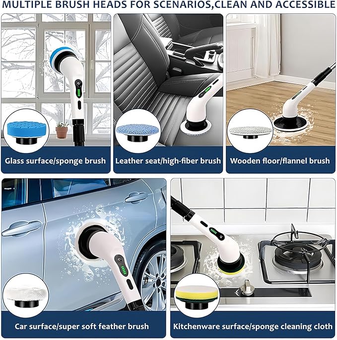 Cordless Electric Spin Scrubber, Hands-Free Shower Cleaning Tool with 9 Attachments & Extension Handle, IPX7 Waterproof for Tub, Tile Grout, Bathroom, Car, Floor - No More Back Pain (Green)