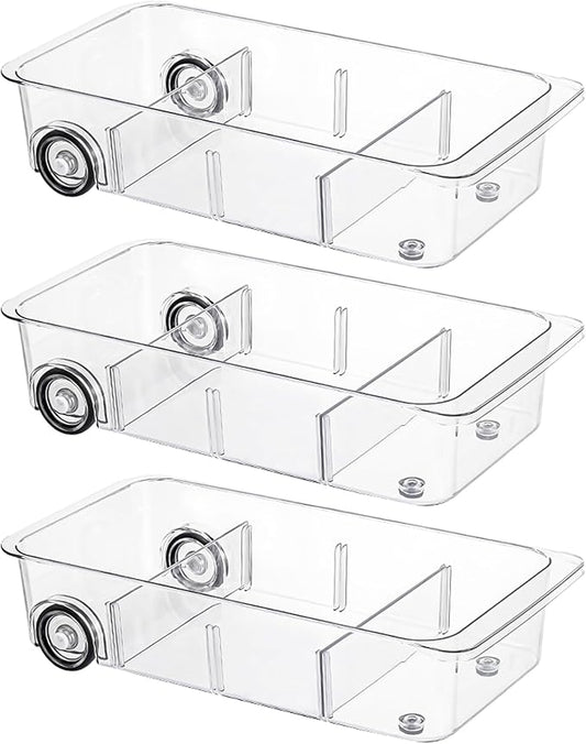 Fridge Organizer Bins With Wheels, 3 Pack Roll Out Refrigerator Organizers And Storage Refrigerator Drawer With Dividers, Upgrade Thick Plastic Pantry Storage Bins, Kitchen Organization