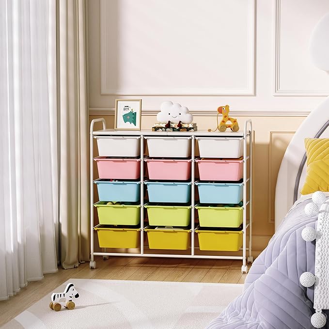 15 Drawers Rolling Cart With Wheels, Plastic Storage Drawer With Metal Frame, Multipurpose Art Craft Organizer, Utility Cart for Home, Office, School, Multicolor