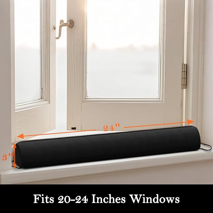 Sunolga 24" Door Draft Stopper Blocks Hot and Cold Air with Removable Washable Cover for Gaps Up to 3", All-Season Seal for Noise, Door Sweep for Bottom of Door and Window, Home Essentials, Black