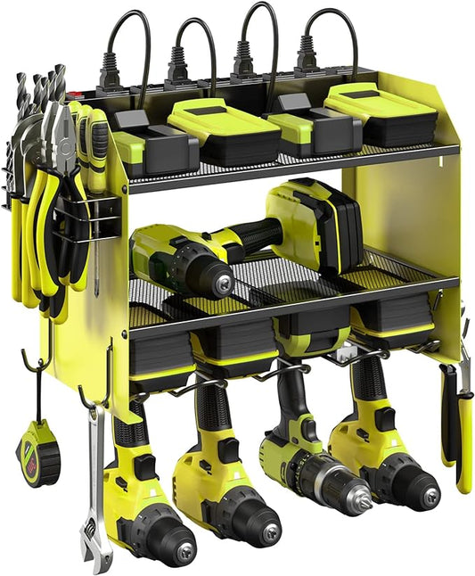 CCCEI Modular Power Tool Organizer Wall Mount with Charging Station. Garage 4 Drill Storage Shelf with Hooks, Screwdriver, Drill Bit Heavy Duty Rack, Tool Battery Holder Built in 8 Outlet Power Strip.