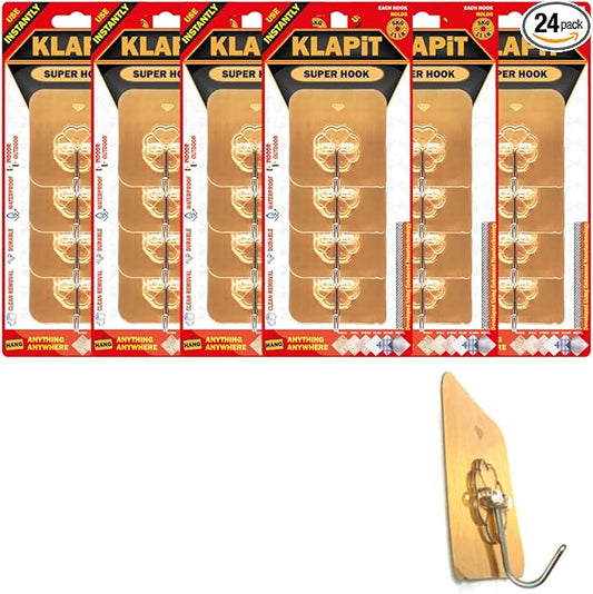 KLAPiT Super Hook - Heavy-Duty Adhesive Gold Wall Hooks, Holds Up to 11 lbs, Waterproof, No Damage, Easy Install on Tile, Wood, Stone, Glass & Metal - Made of Steel (Gold, 24pc)