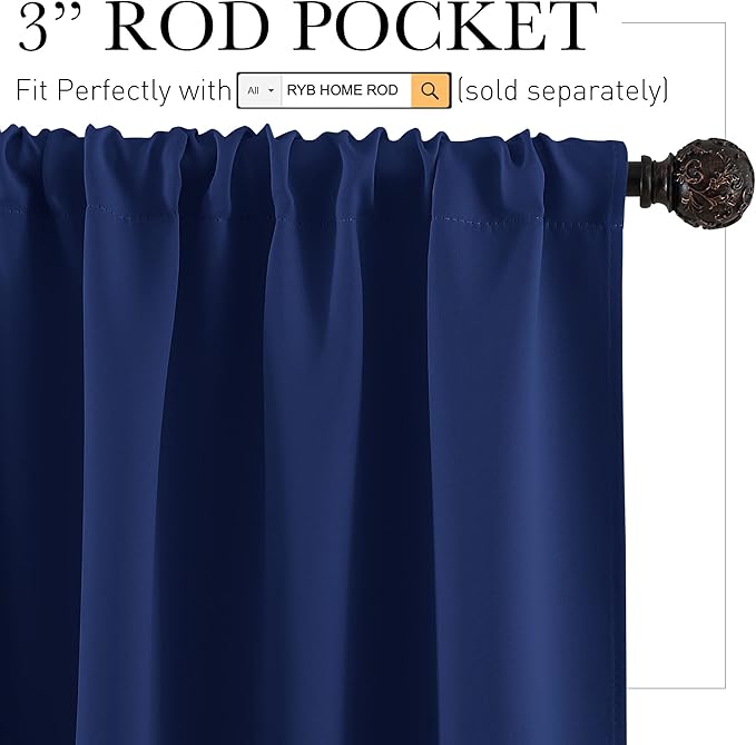 RYB HOME Blackout Curtains - Room Darkening Curtains & Drapes Energy Saving Thermal Insulated Solid Drapes Bedroom Kids Nursey Bathroom, Wide 42 x Long 45 inch, Marine Blue, 2 Panels
