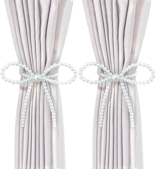 Magnetic Tiebacks for Curtains, 2 Pack Bow Pearl Curtain tiebacks Curtain Buckle Clips with High-Elastic Spring Wire,Curtain Holders for Wall,Drapery tiebacks,Curtain Ties (2pcs Bow)