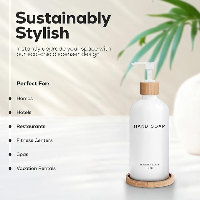 White Glass Hand Soap Dispenser Bathroom Set by Brighter Barns - Liquid Hand Soap Dispenser for Kitchen Sink - Boho Bathroom Pump Bottle Set - Minimalist Home Decor for Vacation Rental, Gifts (White)