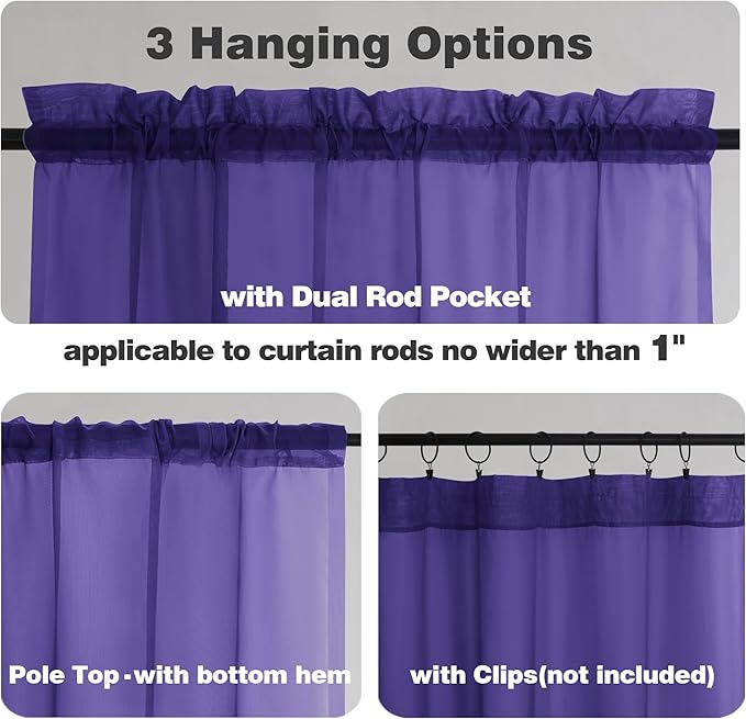 Chyhomenyc Purple Sheer Curtains 72 Inch Length 2 Panels, Light Filtering Soft Airy Rod Pocket Voile Window Curtain Drapes for French Door Bedroom Living Room, Each 42Wx72L Inches