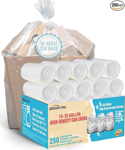 16-18-20-30 Gallon Trash Bags, 250 Count Bulk, Clear Plastic Recycling Bags, Multi-purpose Garbage Bags Can Liners for Business Home Kitchen Commercial and Industrial