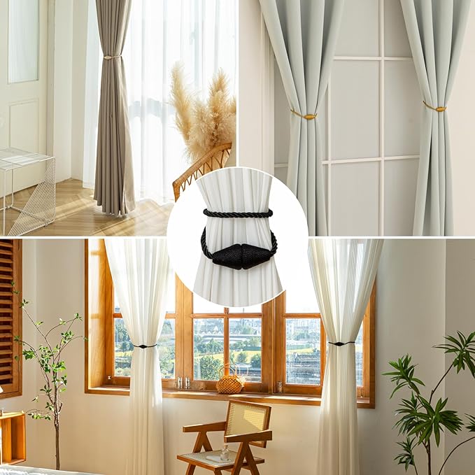 Magnetic Curtain Tiebacks 4 Pack Outdoor Rope Curtain Tie Backs Decorative Window Treatment Holdbacks for Home Decorative Curtain, Black