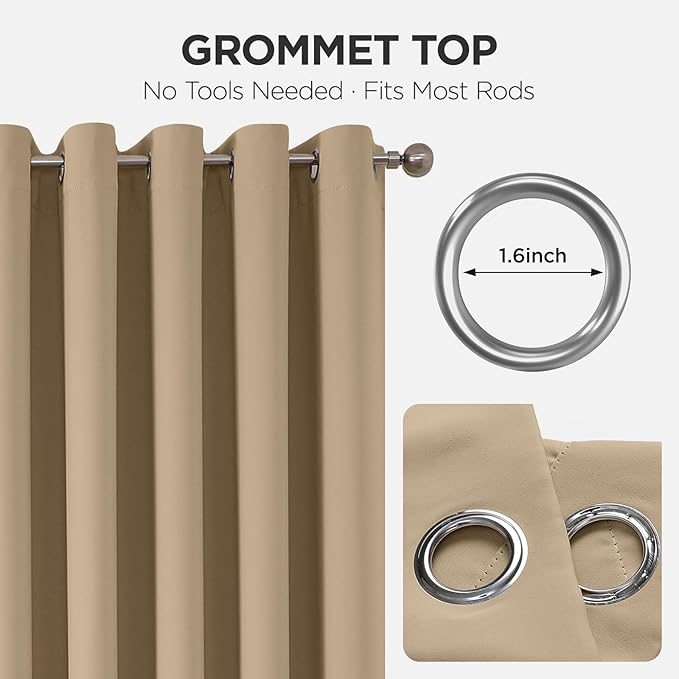 Joydeco Blackout Patio Sliding Door Curtains 108 Inches Long, Grommet Privacy Room Divider Curtains, Extra Wide Thermal Blackout Drapes for Bedroom Living Room (Light Beige, 70Wx108L, 1 Panel)