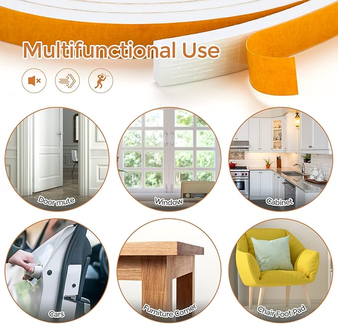 60 Feet Weather Stripping Door Seal, 1/4" Wide X 1/8" Thick Door Seal Strip High Density Foam Tape Adhesive Strip for Door Soundproofing,Window Insulation (1/4" x 1/8" x 60FT,White)