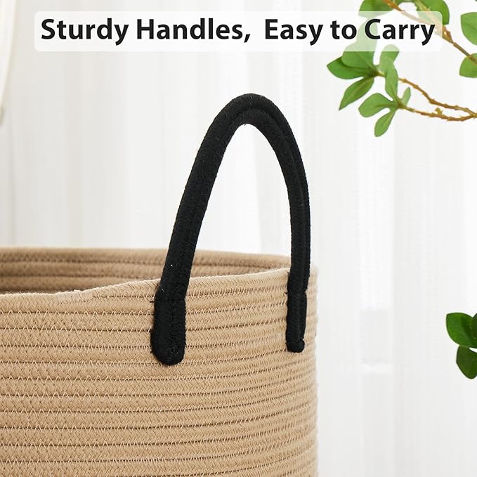 Fiona's magic 58L Large Woven Laundry Hamper, Tall Cotton Rope Laundry Basket, Boho Storage Basket for Blankets, Toys and Clothes Hamper for Bedroom and Living Room Organizing, Brown & Black