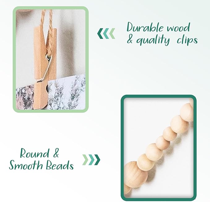 6 Feet Wooden Beads Garland with Clothespins Picture Cards Holder - Country Farmhouse Christmas Nursery Boho Holiday Decorations with Clips