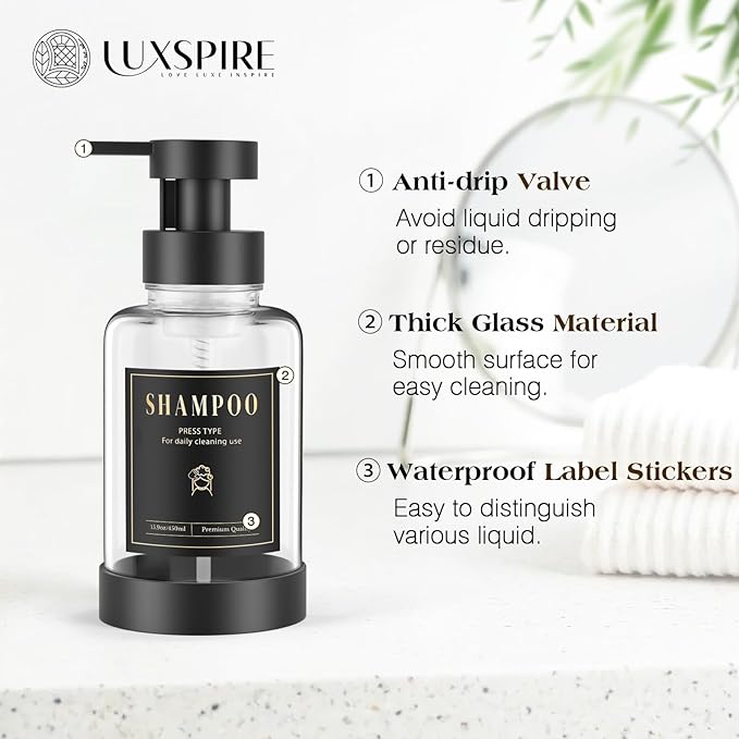 Luxspire Foaming Soap Dispenser, Glass Foam Pump Soap Dispenser, Non-Slip Hand Soap Dispenser with 5 Waterproof Labels, 15 Oz Refillable Liquid Soap Dispenser for Bathroom & Kitchen, Clear, 2 Pack