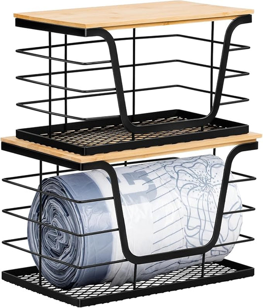 Wetheny 2 Pack Trash Bag Holder, Wall Mounted Garbage Bag Dispenser with Bamboo Top and Mesh Bottom, Stackable Storage for Kitchen Laundry Organization, Black