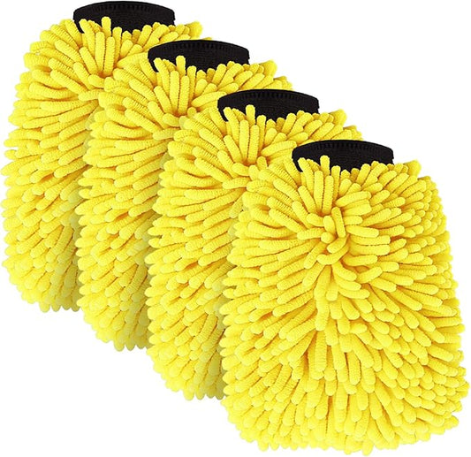 Car Wash Mitt Microfiber, Premium Chenille Microfiber Wash Car Mitts Sponge Scratch Free & Lint-Free, Mitts Waterproof Lining 4 Pack Yellow (8''X12'')