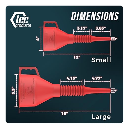 TEC Products FlexAll Long Flexible Funnel for Automotive Use - Durable Nitrile Rubber - Ideal for Car Oil Change, Transmission Funnel Fluid, Diesel, Fuel, Gas - Made in USA - Red (12 x 4 Inches)