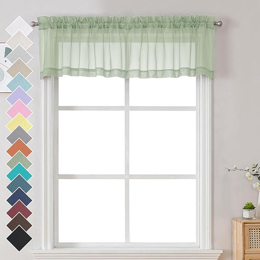 Chyhomenyc Light Green Sheer Valances for Windows 2 Pack, Small Window Curtains for Living Room Bathroom Cafe Laundry Basement, Modern Top Dual Rod Pocket Voile Curtain, 42W x 14L inches