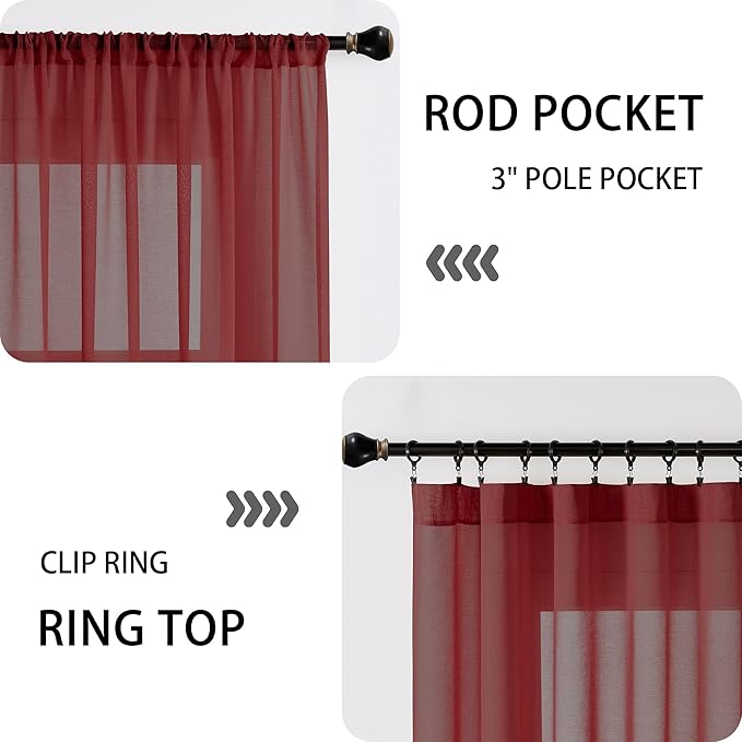 Tollpiz Short Sheer Door Curtains Closet Linen Textured Curtains Sheer Doorway Light Filtering Voile Patio Glass Door Rod Pocket Curtain French Door, 54 x 40 inches Long, Burgundy Red, Set of 1 Panel