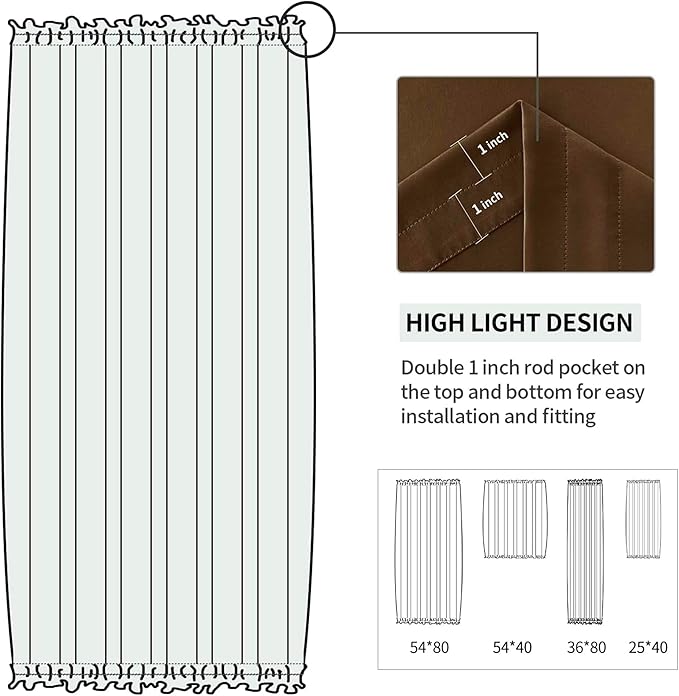 DWCN French Door Curtains – Rod Pocket Thermal Blackout Curtain for Window/Patio Doors/Doorways/Classroom/Kitchen for Privacy, 36W by 80L Inches, 1 Panel with Tieback, Brown