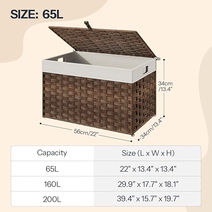 HOOBRO Storage Basket with Lid, 17.2 Gallon (65L) Wicker Basket, Handwoven Blanket Storage Basket with Handles, Metal Frame and Soft Lining, Foldable for Bedroom, Laundry Room, Brown BR265CW01
