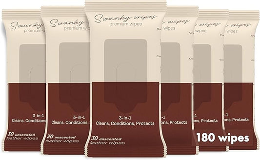Swanky Leather Wipes - Leather Cleaner and Conditioner for Purses, Shoes, Furniture Polish & Car Seats, Prevents Fading & Cracking, Restores Softness & Shine - Soft Wipes, 180 Count