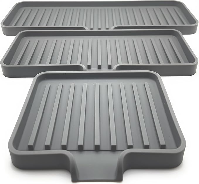 Happitasa Silicone Soap Dish Tray and Sponge Holder with Drain Chute, Pack of 2 | Bathroom and Kitchen Sink Organizer Caddy (Grey, 5.2"x4", 7.2 Ounces)