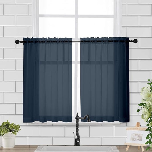 Chyhomenyc Sheer Window Curtains Tier 2 Pieces Set, 36 inch Length, Short Dining Curtains Window Treatment for Small Windows/Bathroom/Cafe/Living Room, Rod Pocket, Navy Blue