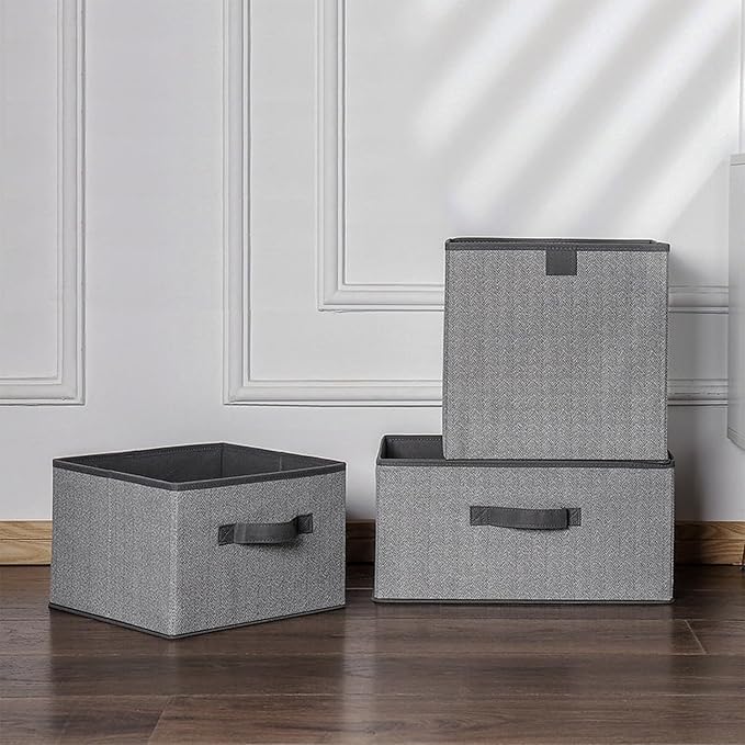 Storage Baskets, 11.8-Inch Woven Fabric Bins, Storage Cubes with Reinforced Handles, Organizer Bins for Closet Shelves, Foldable, for Toys, Clothes, Natural Beige (3PCS/Grey-11.8*11.8*11.8inch)