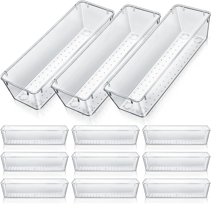 Maitys 12 Pcs Vanity Drawer Organizer 9 x 3 x 2 Inches Clear Plastic Utensil Organizers Kitchen Drawers Dividers for Office Desk Silverware Kitchen Utensils Cosmetics and Bathrooms(Clear)