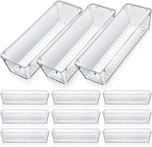 Maitys 12 Pcs Vanity Drawer Organizer 9 x 3 x 2 Inches Clear Plastic Utensil Organizers Kitchen Drawers Dividers for Office Desk Silverware Kitchen Utensils Cosmetics and Bathrooms(Clear)