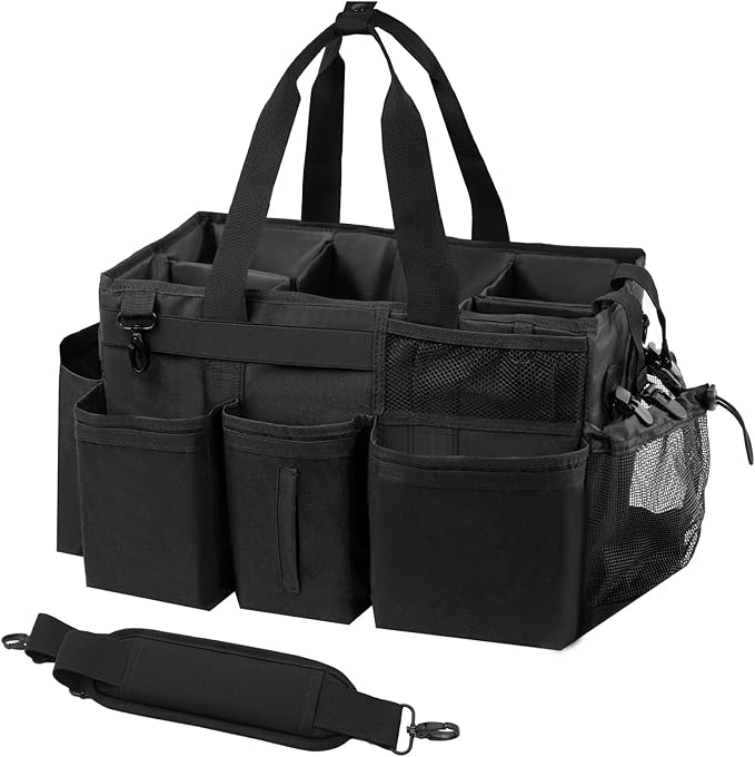 Wearable Cleaning Caddy Organizer with Handle & Shoulder Straps for Housekeepers, Under Sink & Car Cleaning Tool Organizer Bag with 4 Foldable Dividers (Black)