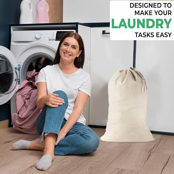 Large Cotton Laundry Bag, Heavy Duty Large Laundry Bags 24 x 36 inch Drawstring Travel Organizer Bag Fit Hamper Basket Camp (Beige, Pack of 1)