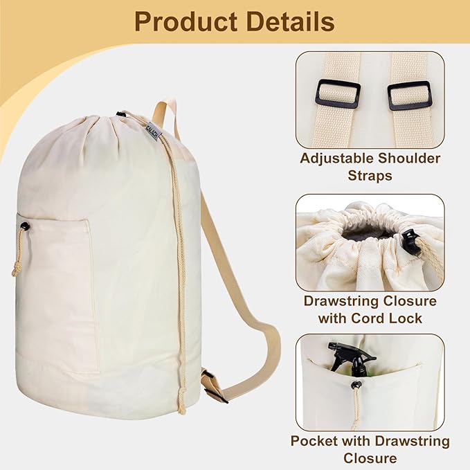 Laundry Bag Backpack, Canvas Laundry Bag with Straps & Drawstring Closure Washable Dirty Cloth Hamper Bag with Large Front Pocket for College, Travel, Laundromat, Camping (2 Pack)