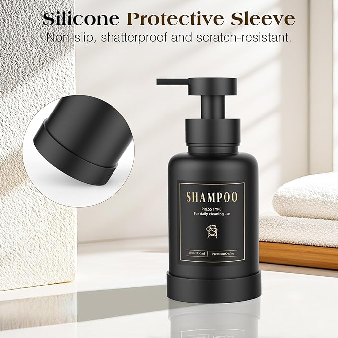 Luxspire Foaming Soap Dispenser, Glass Foam Pump Soap Dispenser, Non-Slip Hand Soap Container with 5 Waterproof Labels, 15 Oz Refillable Liquid Soap Holder for Bathroom & Kitchen, Black, 2 Pack