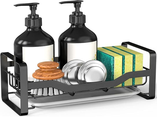 Sink Caddy Sponge Holder,Sponge Holder for Kitchen Sink,Kitchen Sink Organizer for Soap Brush Dispenser,Countertop Sink Caddy Organizer with Removable Drain Tray